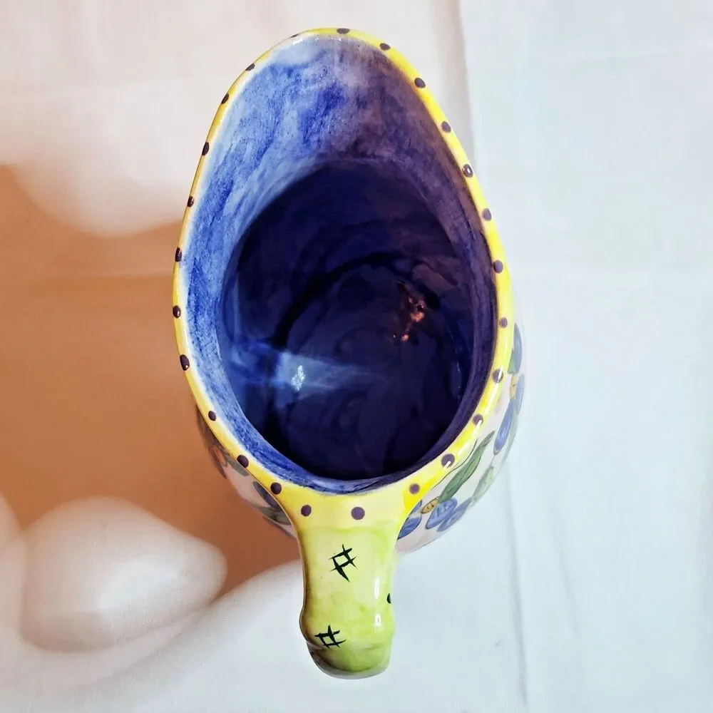 Hand Painted Floral Ceramic Pitcher Vase Signed Laura 97 Yellow Blue Pink